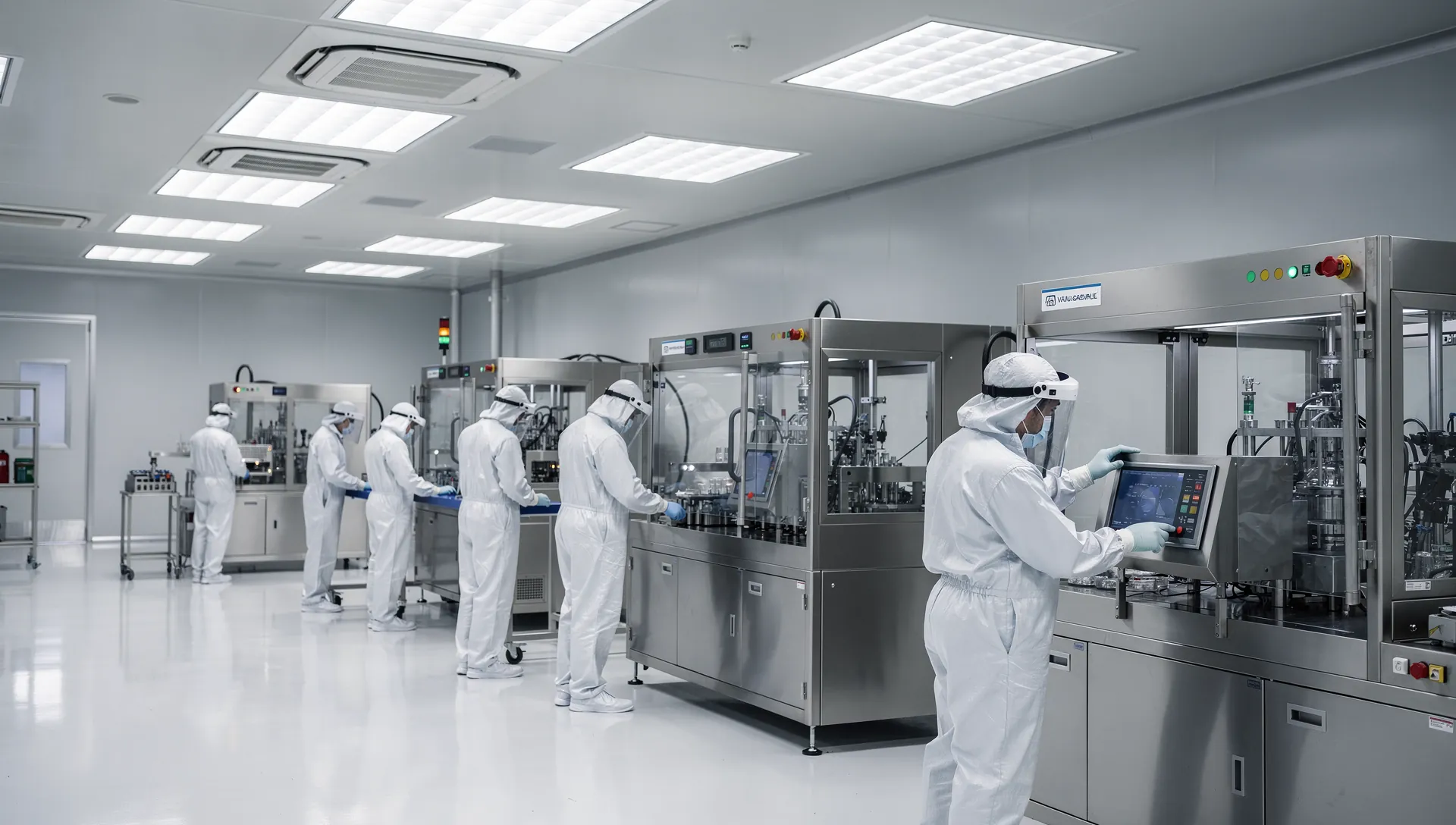 UHF RFID all-in-one reader at a cleanroom entrance with staff in cleanroom suits