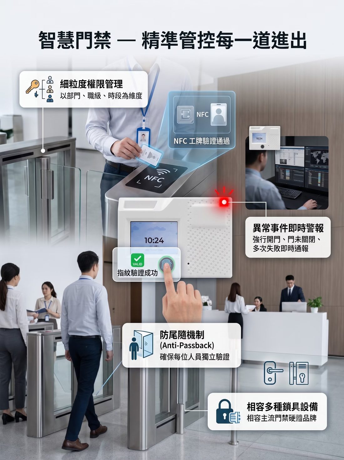 智慧門禁:指紋、NFC 工牌與密碼複合式驗證