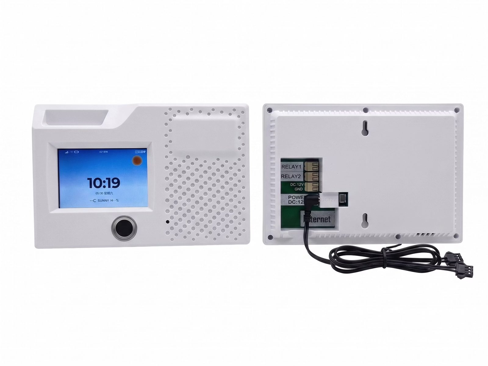 WS-防盜門禁考勤主機 背面接孔：RJ45、USB-C 電源、繼電器輸出、RF 天線