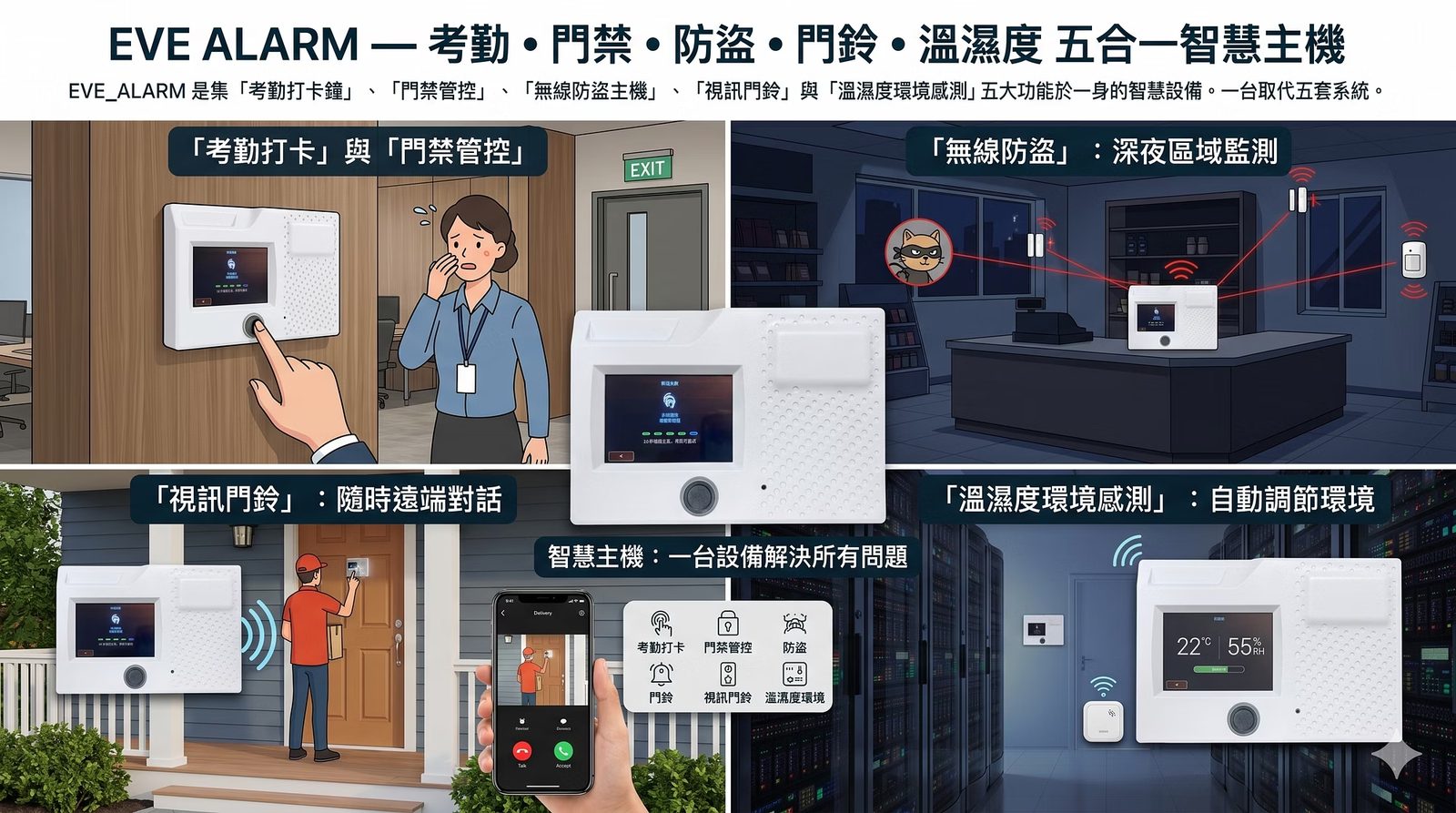 WS-防盜門禁考勤主機 五合一功能總覽：考勤打卡、門禁管控、無線防盜、視訊門鈴、溫濕度感測