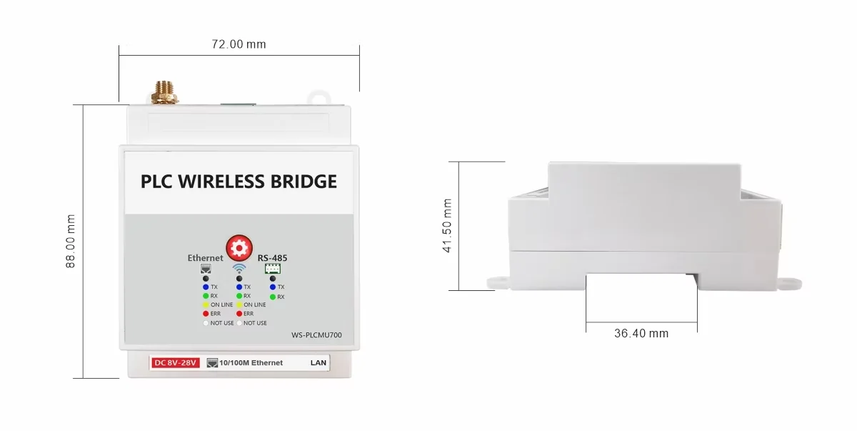 Dimensions du WS-PLCMU700 : 72 mm de large, 88 mm de haut, 41.5 mm de profondeur, montage sur rail DIN