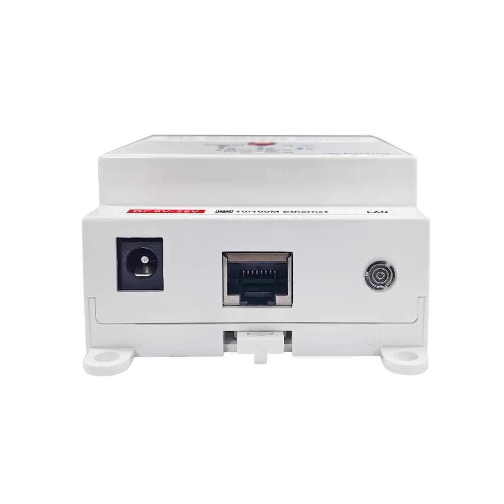 Dessous du WS-PLCMU700 : entrée d'alimentation DC et port Ethernet RJ45