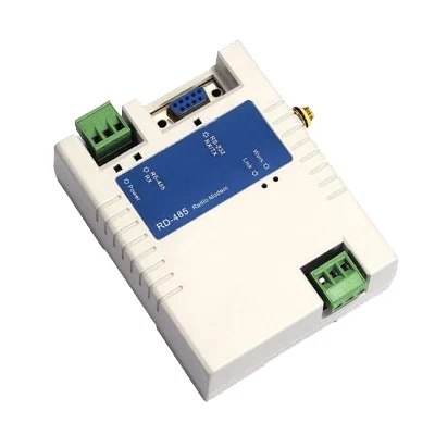 Modem radio série sans fil RD-485 : boîtier blanc, façade bleue, port DB9 et bornier vert