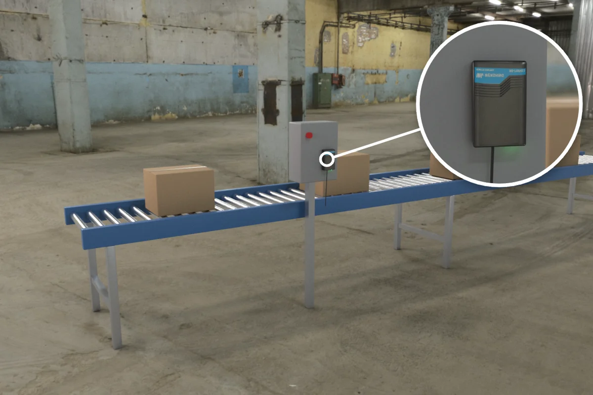 Warehouse roller conveyor with RD-710F-433 rolling door remote controller on the control box for wireless start/stop