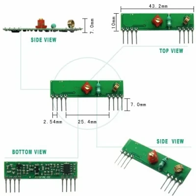 RWS-371 RF receiver module dimension drawing 43.2 mm, 2.54 mm pitch