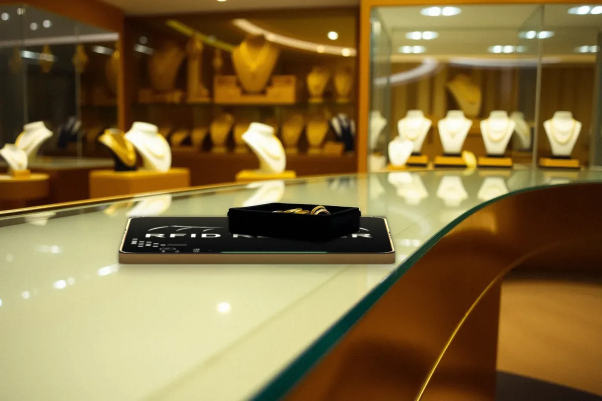 銀樓打烊清點：展示盤逐盤放上 WS-Table RFID-B-N 讀取器核對件數後收櫃