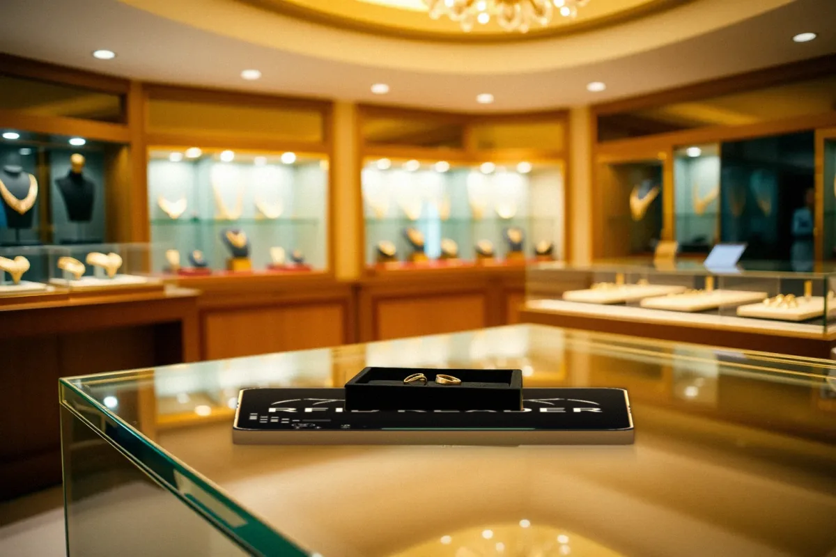 銀樓玻璃櫃台上，戒指展示盤放在 WS-Table RFID-B-N 平板讀取器上即時點數，燈條亮綠燈