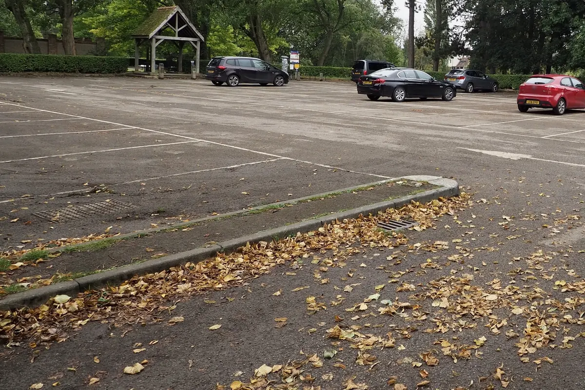 公園戶外停車場空車格中的黃色 WS-ACTIVE-G 地磁停車位偵測器,遠處停著數輛車