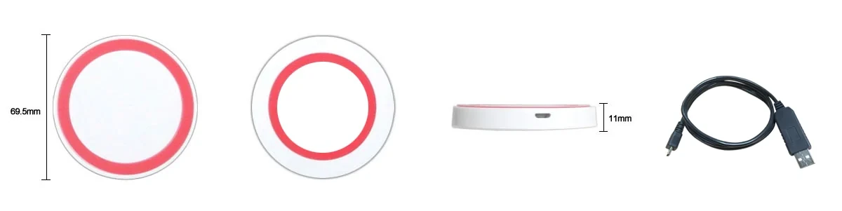 WS-RFID-C 無線充電座正面、背面與側面尺寸:直徑 69.5 mm、厚 11 mm,附電源線