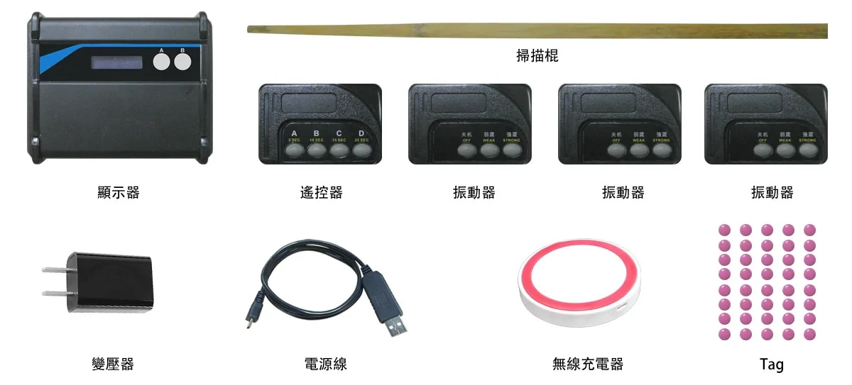 WS-RFID-C 套件內容：顯示器、掃描棍、遙控器、震動提示器、變壓器、電源線、無線充電器、標籤