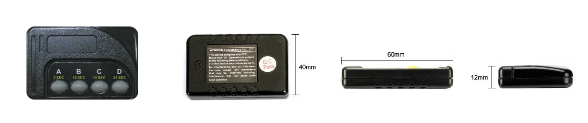 WS-RFID-C 遙控器正面、背面與側面尺寸:60 mm、40 mm、12 mm