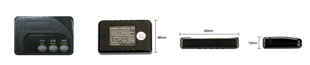 WS-RFID-C 震動提示器正面、背面與側面尺寸:60 mm、40 mm、12 mm