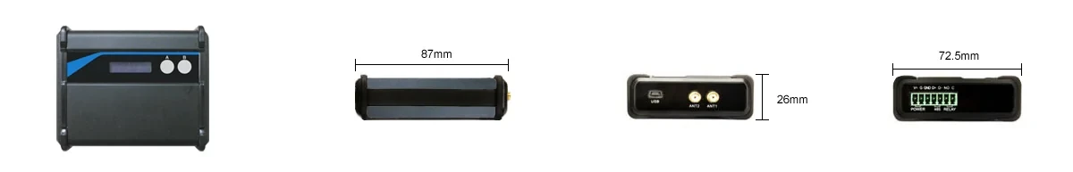 WS-RFID-C 顯示器正面、頂面與兩側端子尺寸:87 mm、72.5 mm、26 mm