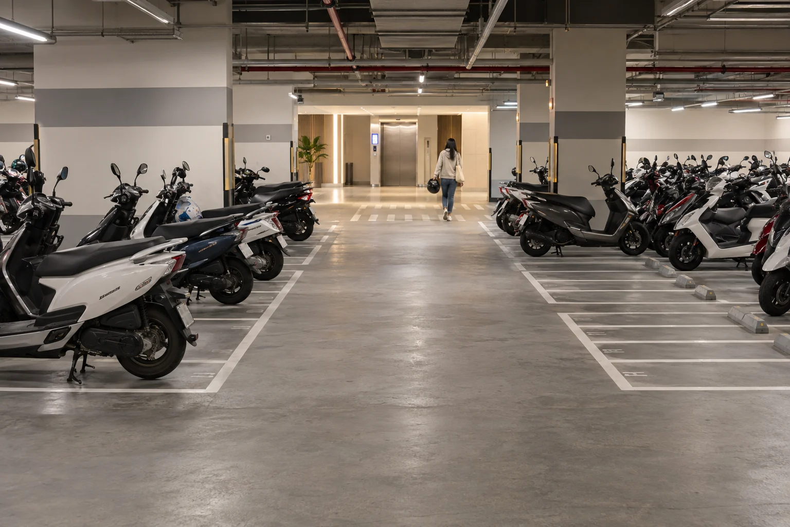 Shopping centres and department stores motorcycle parking application illustration