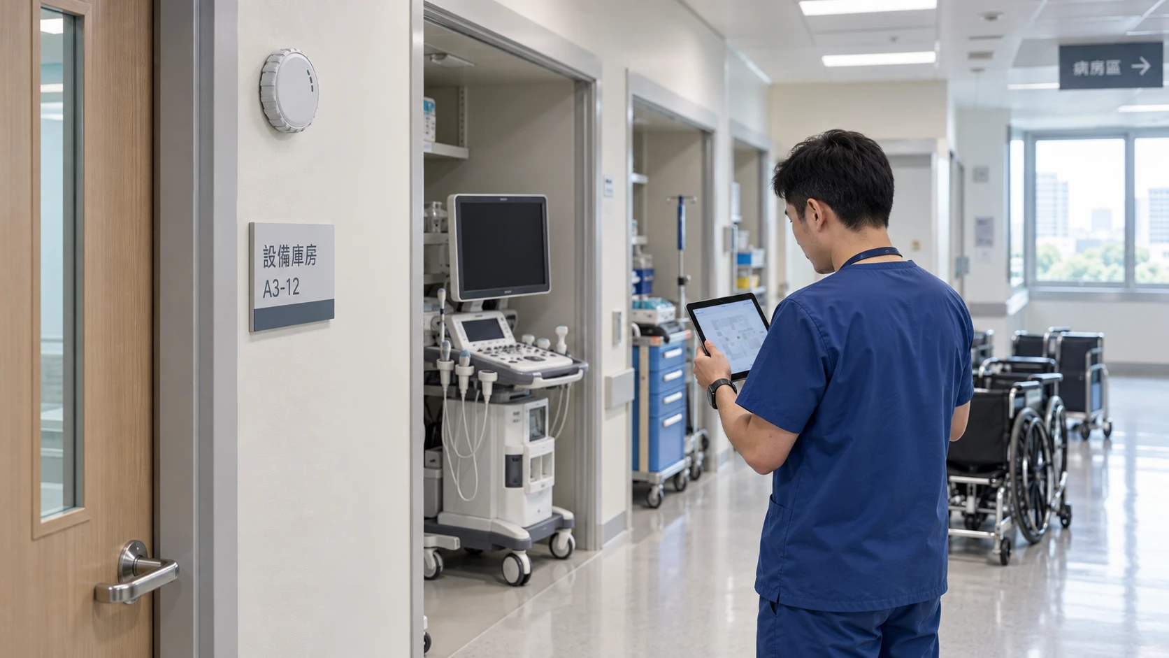 Equipos compartidos y personal hospitalario con etiquetas UWB con pantalla