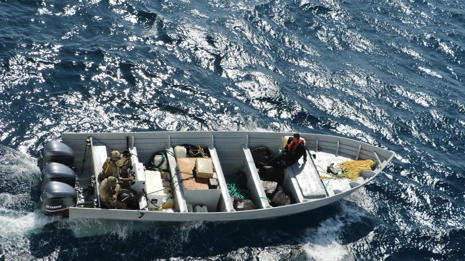 Aerial view of a small vessel at sea