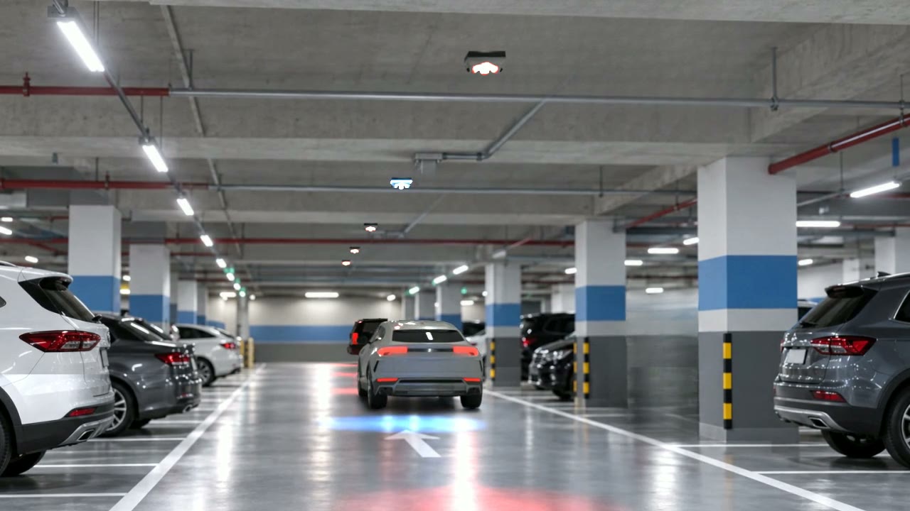 停車導引系統|車位偵測、AI 六車位攝影機與 LED 導引(3D 動畫)