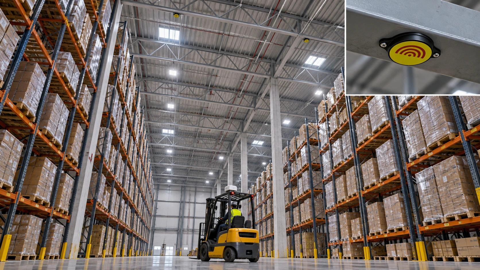 Composite high-bay ceiling RFID and forklift location application